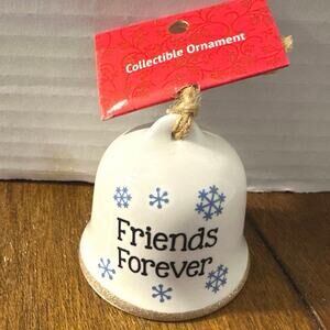 Collectible ceramic Friends Forever bell ornament blue snowflakes & glitter rim
